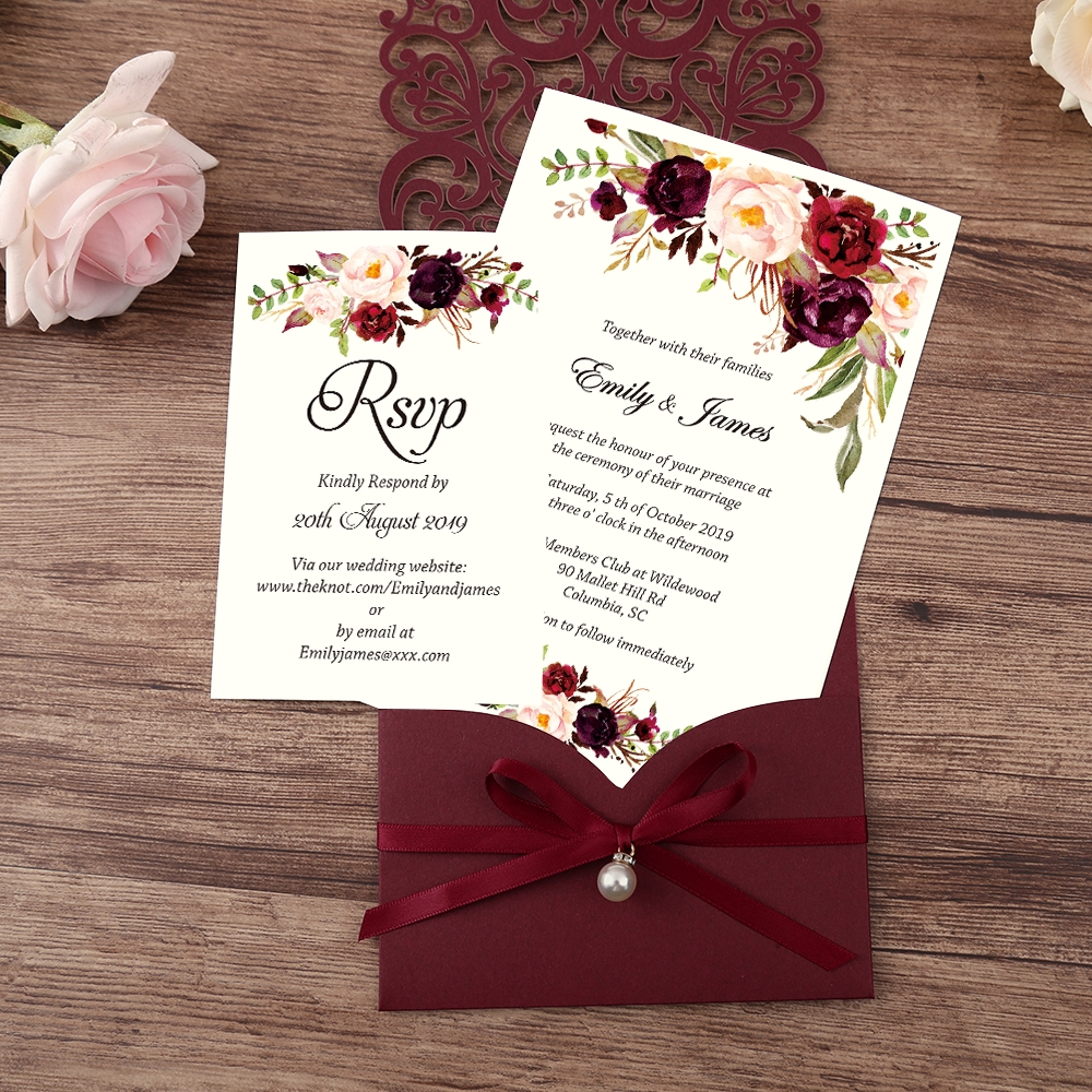 Burgundy laser cut invitation with a hanging pearl - Invitationcards